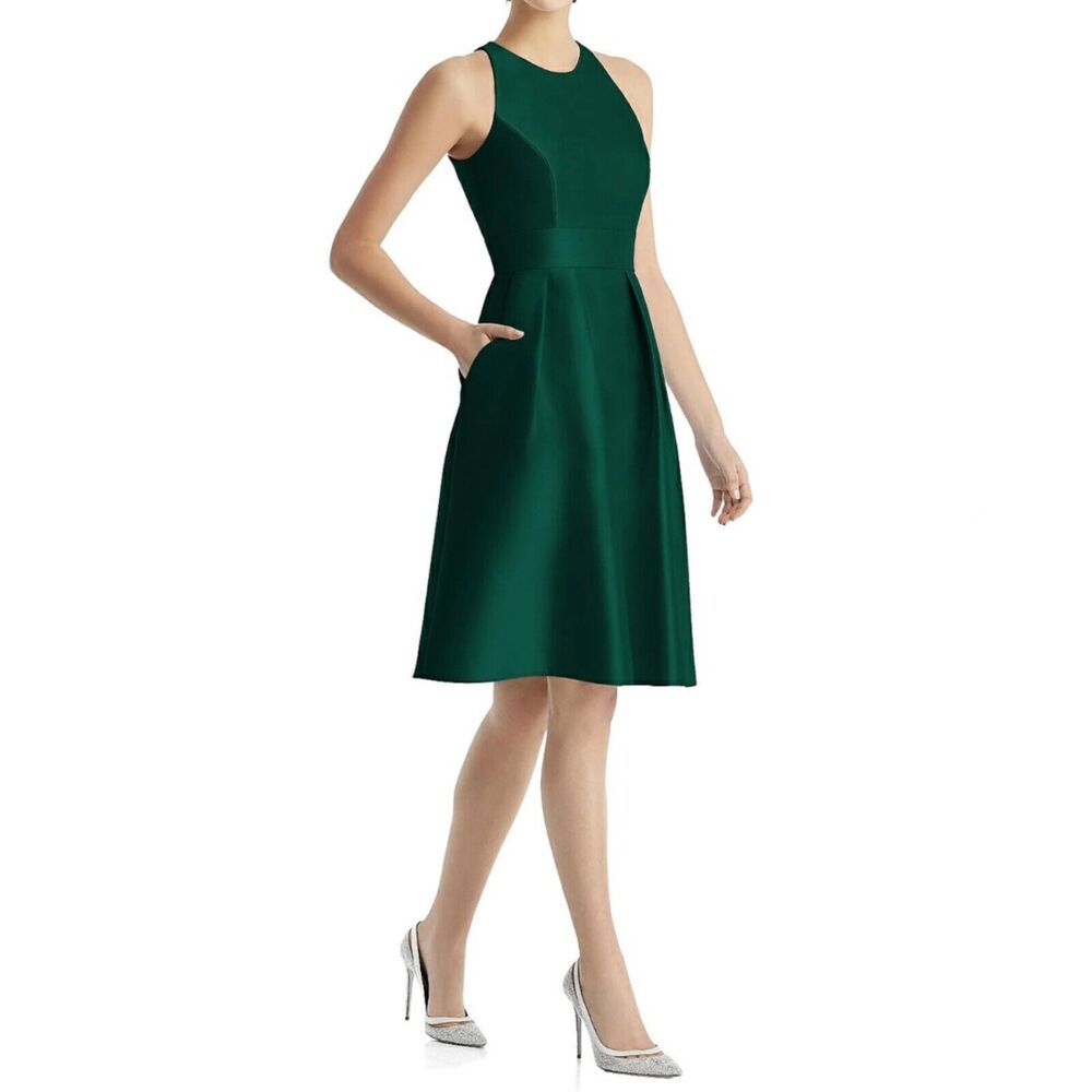 Alfred Sung Hunter Green High Neck Satin Dress